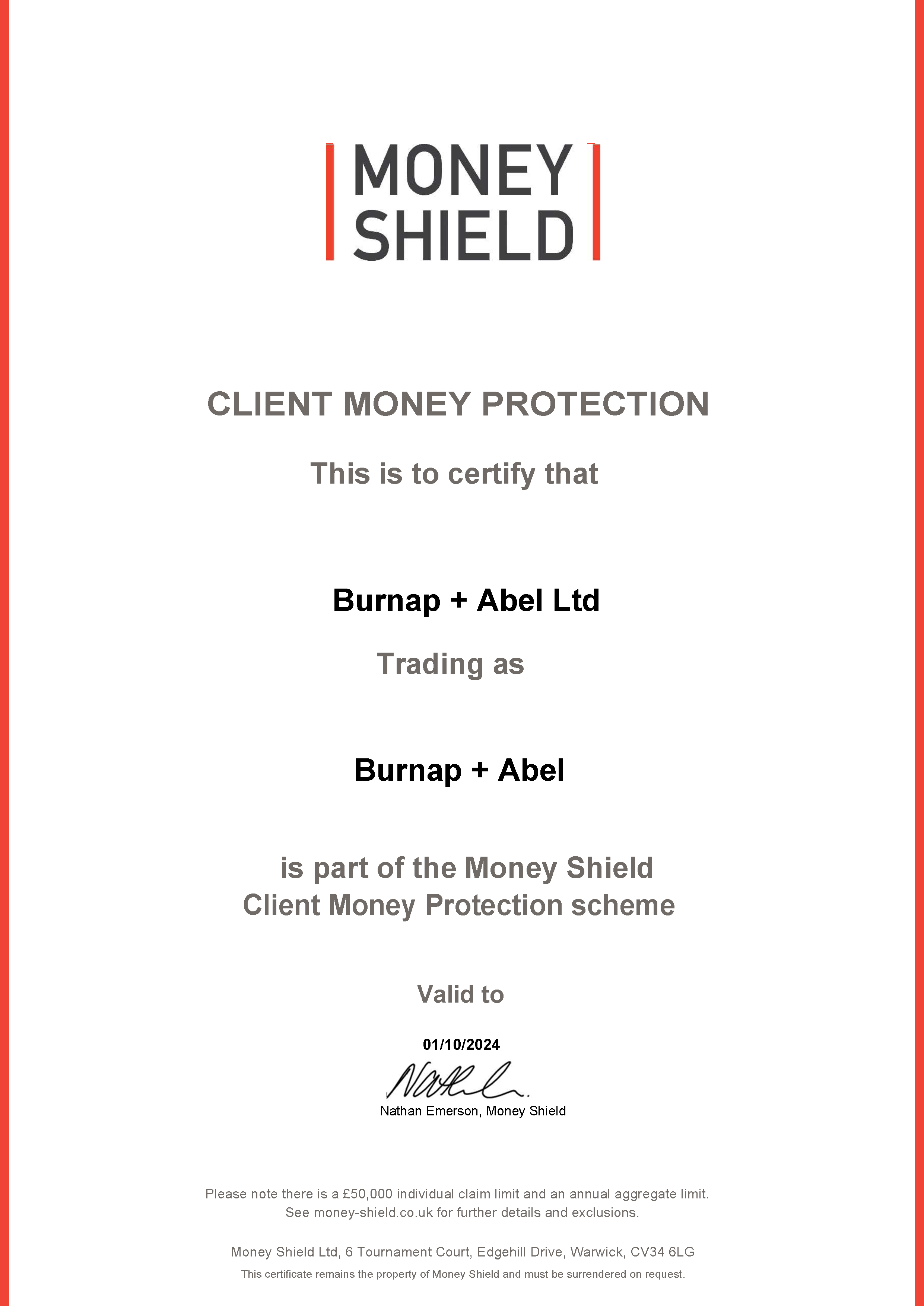 Money Shield certificate