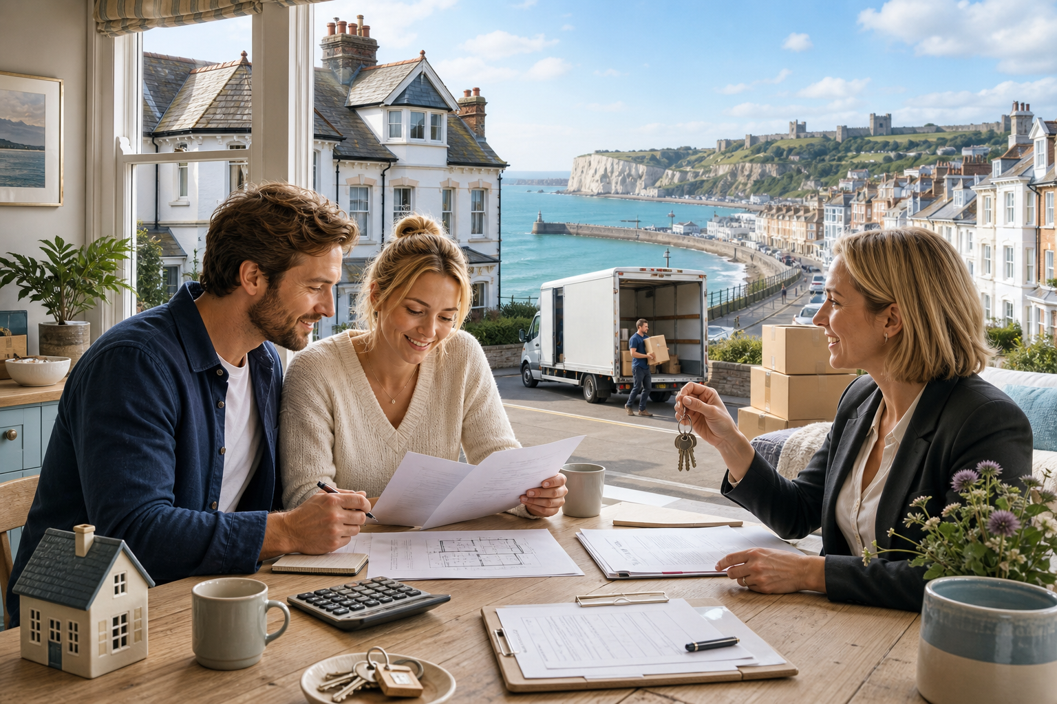 Real estate agents reviewing home sale paperwork with a coastal town and moving truck in the background